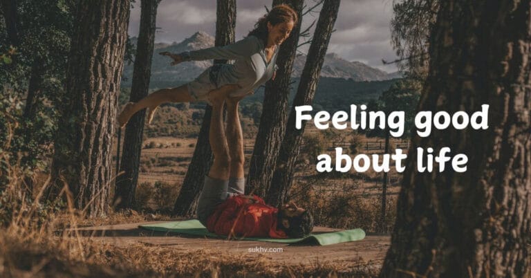 What is well-being? A happy couple exercising together, with the phrase 'Feeling good about life,' illustrates it.