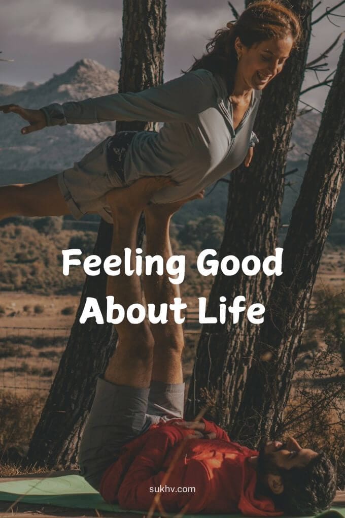 A happy couple exercising together, with the text 'Feeling good about life,' illustrates what is well-being.