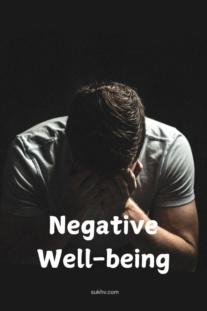 A man sits with his face in his hands, with the text 'Negative well-being', symbolizing a life of suffering.